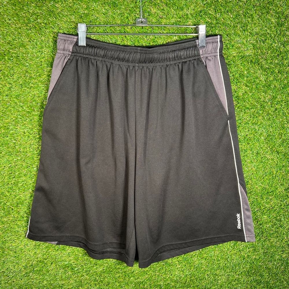 Reebok Mens Athletic Shorts Black Grey Mesh Pockets Size Large